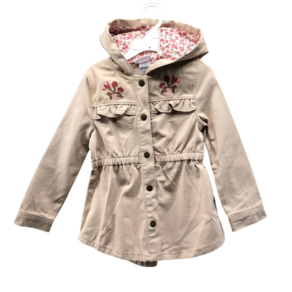Little Lass Girls 5T Hooded Spring Trench Coat Utility Jacket Tan Embroidered